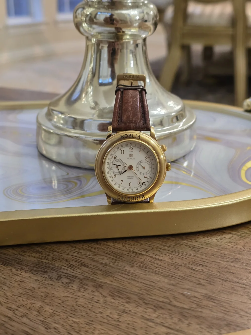 Citizen Gold-Tone Calendar Watch with Brown Leather Strap